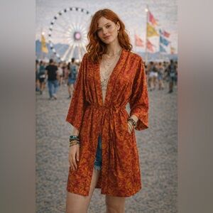 Vintage Tie Waist Kimono | Desert Boho • Lounge Chic • Festival Layer | Large